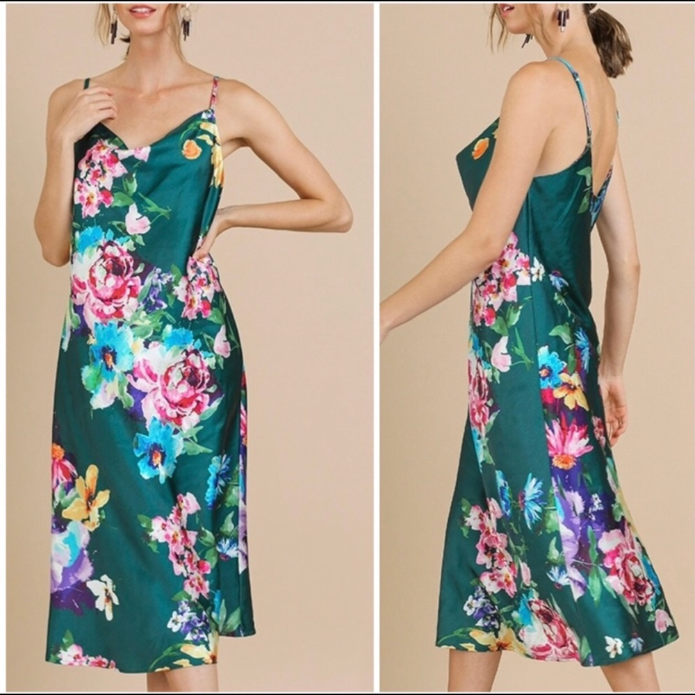 Floral Print Midi Dress Green Pink - Picture 2 of 3